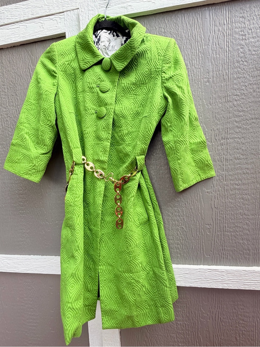 Milly Lime Green Textured Trench Coat with Gold Chain Belt
